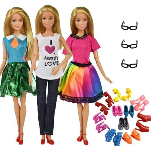9 Item/Set Doll Accessories=3 Pcs Doll Clothes Dress+ 3 Glasses + Random 3 Pairs Shoes Doll Fashion Accessories for 12 Inch Doll