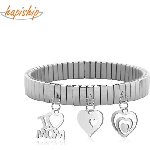 Hapiship 2021 Fashion Stainless Steel Love Flower Butterfly Pendant Elastic Fashion Bracelet Bangle For Women Men Jewelry G186