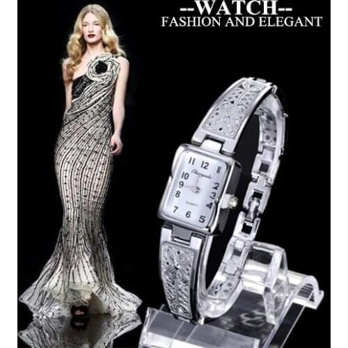 Women Vintage Luxury Gold + Silver Watches Elegant Quartz Fashion Rectangle Dial Watch Carved Pattern Bracelet Casual WristWatch