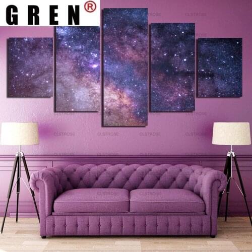 GREN 5 Panels Wall Art Canvas Painting Purple Outer Space Scenery Poster For Bedroom Living Room HD Print Home Decor