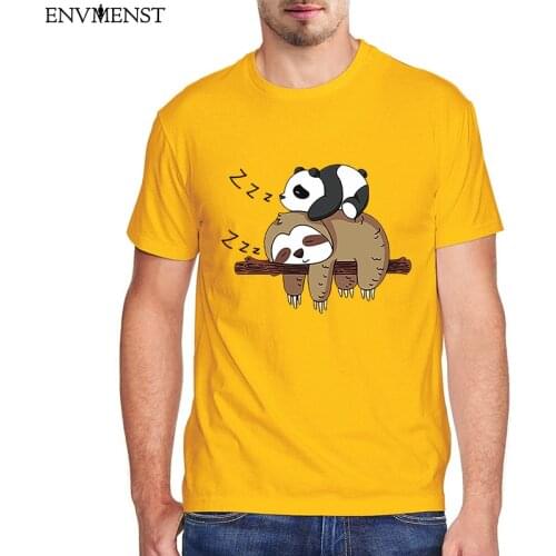 Cotton Funny Panda Lying On A Sloth Sleep Retro T Shirt Men Clothing Panda Sloth Graphic Tees Mens Harajuku Tshirt Streetwear