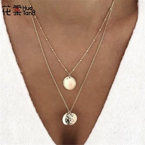 HuaTang Gold Sequin Round Multi-layer Necklaces for Women Girl Adjustable Chain Choker Necklace Jewelry Collana A11407