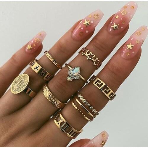 9 Piece Set Ethnic Style Ring For Women Bohemian Hollow Star Metal Joint Ring Set Fashion 2021 Ladies Jewelry Gift