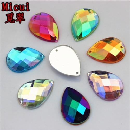 Micui 50PCS 18*25mm Drop Shape AB Acrylic Rhinestone Sew On Flat Back Fancy Crystal Stones For Clothing Dress Decorations ZZ444