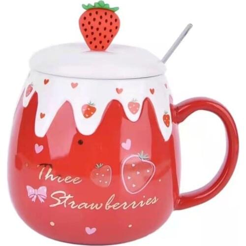 Cute Strawberry Ceramic Coffee Mug with Lid and Spoon Creative Porcelain Breakfast Milk Oatmeal Cup Drinkware