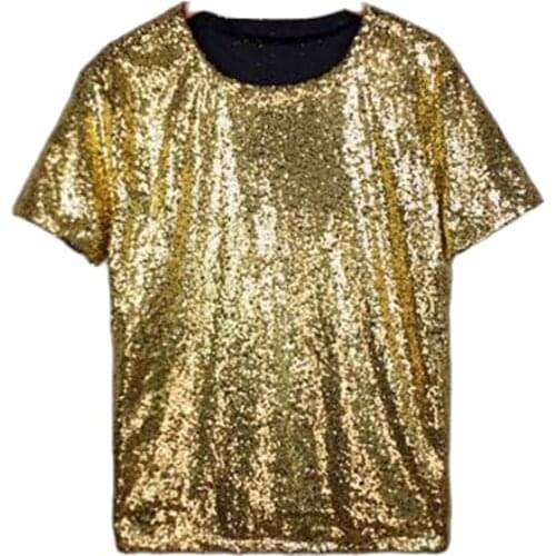 Men summer fashion sequin short sleeve t shirt Korean style nightclub hip hop punk stage costume women vintage tees streetwear