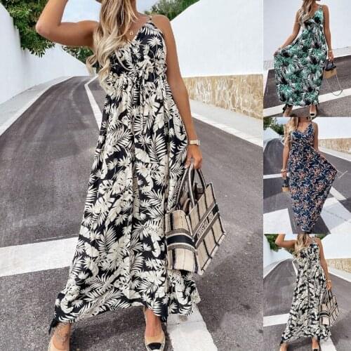 New Summer Woman Casual Print Sleeveless Halter Dress Clothing Clothes Ladies Boho Floral Elegant Sling Halter Sundress Vestidos