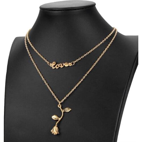 New necklace love Rose Pendant double layer Necklace Chain multi layer clavicle chain