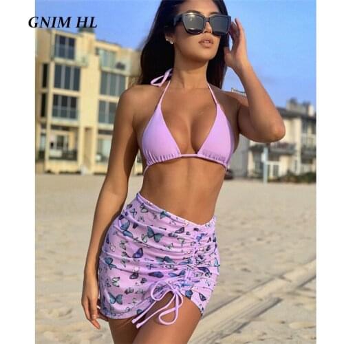 GNIM Bandage Swimwear Women Sexy 3 Piece Bikini Set 2021 Beach Wear Triangle Solid Swimsuit Female Backless Swim Bather Suit New