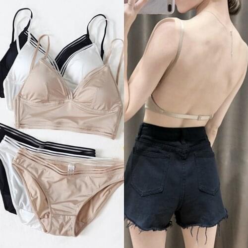 Sexy bra brief set multi-purpose shoulder strap underwear smooth seamless silk halter neck large open back invisible lingerie