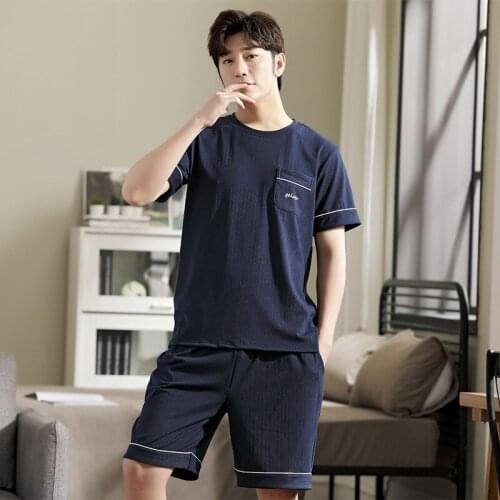 Pocket Pullover Short Sleeve Pants Pajama Summer Boy Man Jammies O-Neck Home Casual Sleepwear Nightwear Pyjamas 6535 Cotton HDE