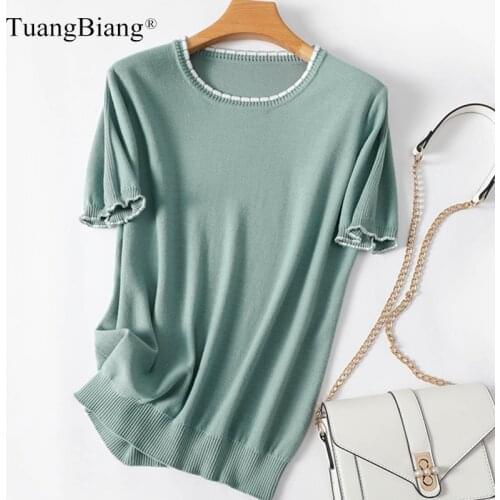 2021 Summer Cotton Flare Sleeve Woman Green Pullovers Elegant Loose Stretch O-Neck Lady Jumpers Casual Fashion Soft Knitted Tops