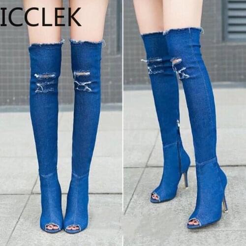 2020 Denim Over Knee Boots Women Pumps Fashion Sexy Open Sock High Heel Boots Zipper Side Heel Winter Boots Women Ladies Shoes