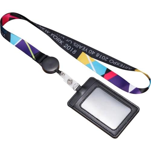 1 set polyester lanyards with leather plastic id card holder