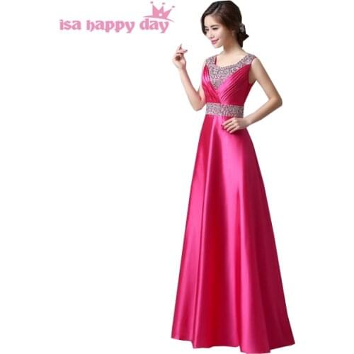 Modest clothing elegant red v neck satin a line hot pink dresses beaded bride maids dreses for party wedding occasions H118