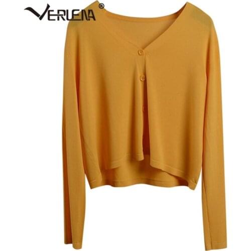 Verlena Spring Ice Cotton Protective Summer Knitted Cardigan Women Long Sleeve V-Neck Button Front Elegant Thin Sweater 2021