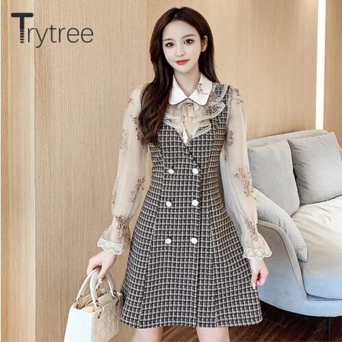 Trytree 2021 Spring Autumn Womens Dress Casual Ruffled Bow Embroidery Voile Sleeve Patchwork Plaid Elegant Office Lady Dress
