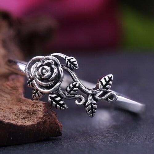 JK Vintage Black Rose With Leaf Women Ring Retro Elegant Jewelry Blossom Gift Ring Special Gift For Love Old Fashion Ring