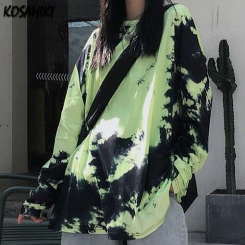 KOSAHIKI 2021 Harajuku Tie Dye Oversized Tee Shirt Japanese Streetwear Loose T Shirt O Neck Long Sleeve Vintage Retro Top 11a097