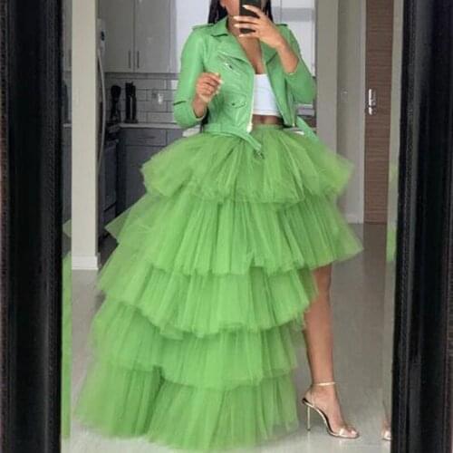 2022 Spring Grass Green Ruffles Tiered High Low Tulle Skirts Fashion Women Elastic Custom Made Long Puffy Women Formal Vestidos