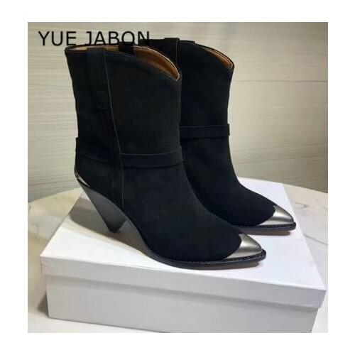 2020 fashion runway shoes women black metal studded pointed toe ankle boots suede motorcycle shoes sexy spike heels women boots