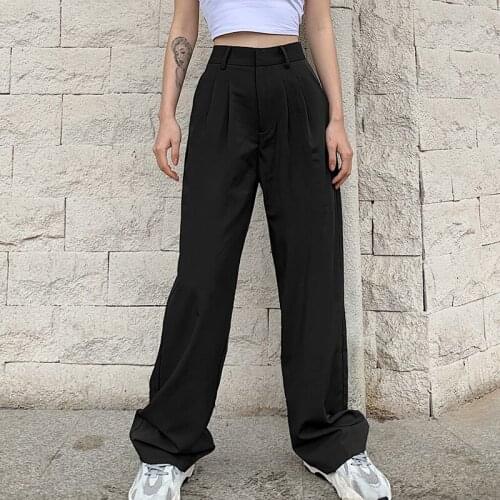 Women Solid High Waist Loose Pants Elegant Black Ladies Office Button Trousers Female Pockets Casual Pleated Wide Leg Bottom