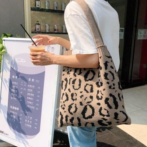 Female Large Capacity Soft Shopping Bag Cute Book Bag for Girls Women Leopard Knitting Tote Shoulder Bags Casual Weave Handbags