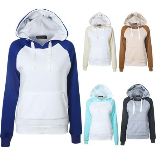 Winter Women Fashion Raglan Sleeve Sweatshirt with Pocket Slim Plus Size Drawstring Pullover Female Casual Contrast Color Top