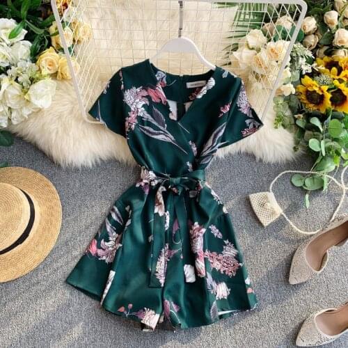 FMFSSOM 2021 Beach Style Mini Rompers&Playsuits Floral Satin Lace Up Short Black Loose Women Summer Clothes