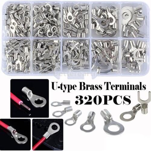 320Pcs Non-Insulated Ring Fork U-type Brass Terminals Assortment Kit Cable Wire Connector Crimp Spade Terminal