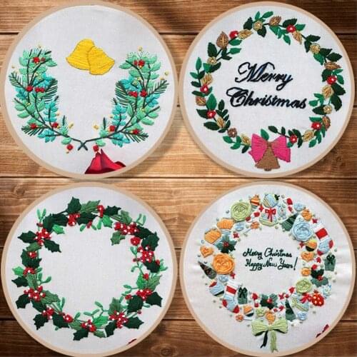4 Sets Christmas Wreath Flower Embroidery Knitting Kit DIY Handcraft Thread Tools Material Pack Cross Stitch For Beginners Decor