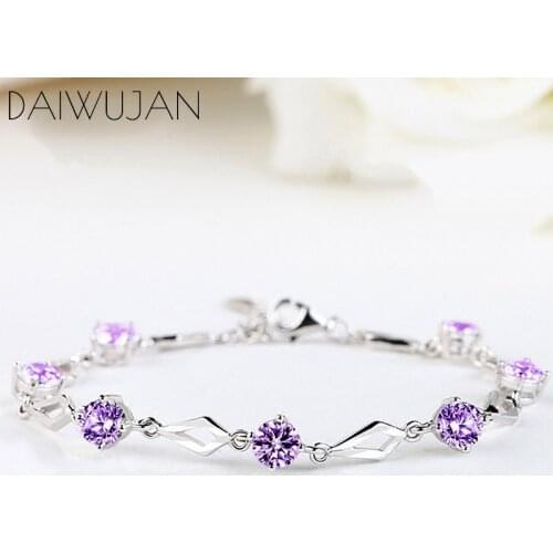 DAIWUJAN Rhombic Bracelets Purple Amethyst Crystal 925 Sterling Silver Charm Womens Bracelet Party Anniversary Jewelry Gift