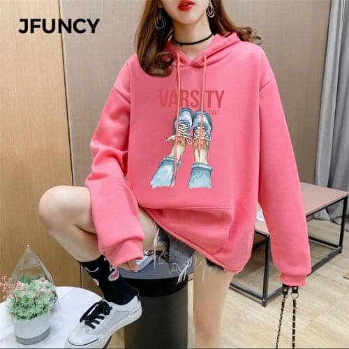 JFUNCY 2021 Fall Winter Womens Sweatshirt Women Hooded Hoodies Cartoon Print Female Loose Pullover Coat Girl Fashion Woman Tops