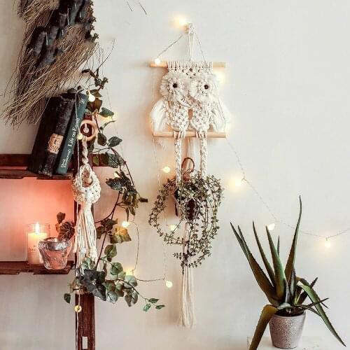 Nordic creative owl woven net pocket tapestry living room pendant background wall hanging gardening flower pot hanging basket