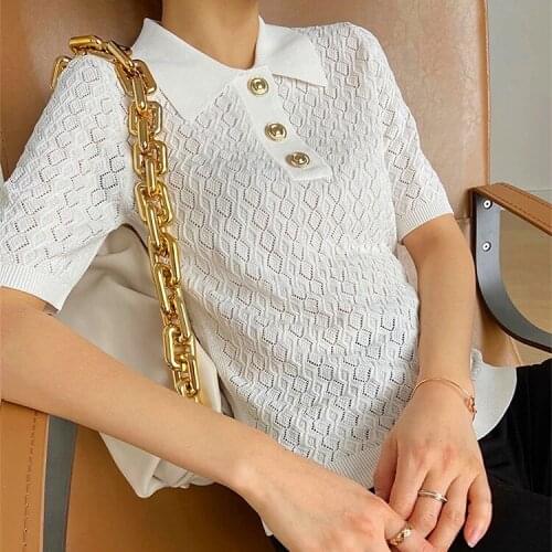 Easy Sporty Chic Ecru Openwork Knit Polo Pullover Short Sleeve Gold Jewel Buttons Diamond Eyelet Viscose Knitwear Jumper Sweater