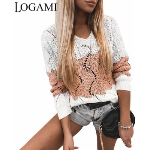 LOGAMI Summer Autumn New Hollow Out Knit Sweater Striped Color Matching Sweater Women Beach Pullover