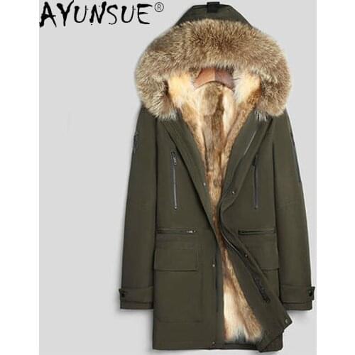 2020 Men Jacket Winter Real Raccoon Fur Long Coat Male Hooded Clothes 100% Rex Rabbit Sleeve Shearling Parkas Ropa Hombre LXR346