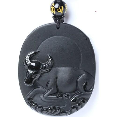 Natural Black Obsidian Beads Necklace Hand-Carved Zodiac Cattle Jade Pendant Charm Jewelry for Man Women Auspicious Amulet Gifts