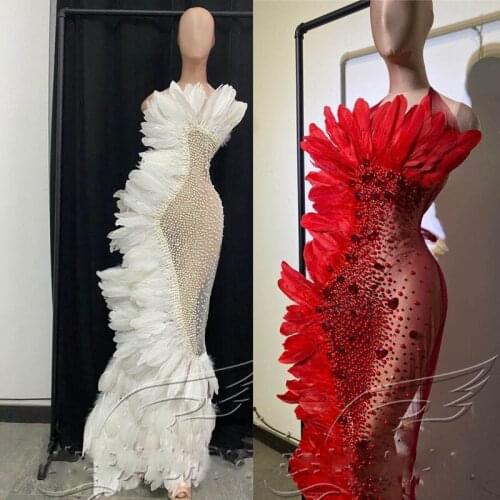 White Feather Rhinestones Dress Floor-Length Dress Stage Costume Prom Dancer Birthday Celebrate Dress Festival Outfit DQS5260
