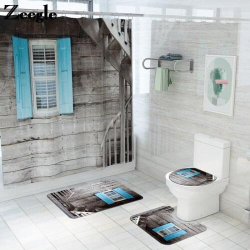 Scenic Bath Mat and Shower Curtain Set Toilet Seat Cover Mat Non-Slip Bathroom Rugs Bath Curtains Toilet Rugs