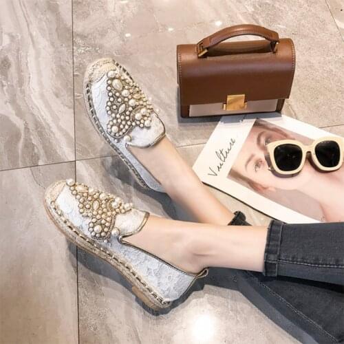 New String Bead Half Slippers Spring Slides Women Shoes Pearl Hemp Flat Heel Shoes Women Cotton Fabric Lace Mules Shoes