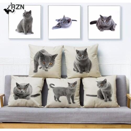 Cute British Shorthair Cat Print Throw Pillow Cover 45*45cm Square Cushion Covers Linen Pillow Case Car Home Decor Pillows Cases