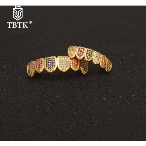 TBTK Multi-Colored Zircon Stone Beautiful Dental Jewelry Grills Braces Gold Metal Luxury Body Jewelry Cool Man Festival Gifts