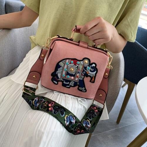 Vintage Embroidery Elephant Crossbody Bags Wide Butterfly Strap PU Leather Shoulder Messenger Bag Tote For Women Handbags Purses