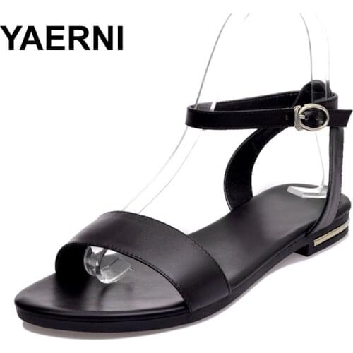 YAERNI 2019 Plus size 34-43 new high quality genuine leather sandals women shoes ladies solid color flat summer beach shoesE1068