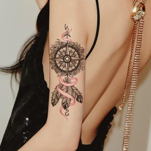 Compass Anchor Feather Waterproof Temporary Tattoo Sticker Black Totem Letter Fake Tattoos Flash Tatoos Arm Body Art Women Men