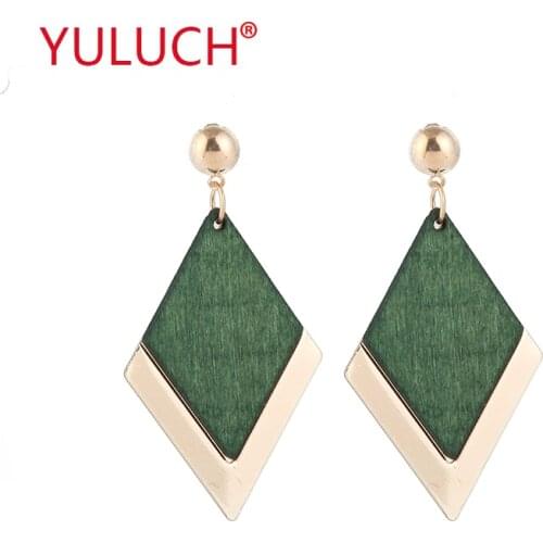 YULUCH Luxury Brand Design Geometric Alloy Set with lozenge Wood Chips for Beautiful Fashion Womens Stud earring Jewelry