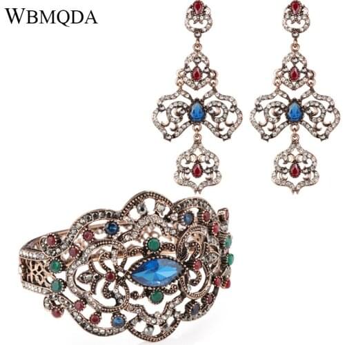 Ethnic Vintage Jewelry Sets Fashion Women Crystal Earrings And Big Cuff Bracelet Antique Gold Bohemian Wedding Jewelry 2018 New