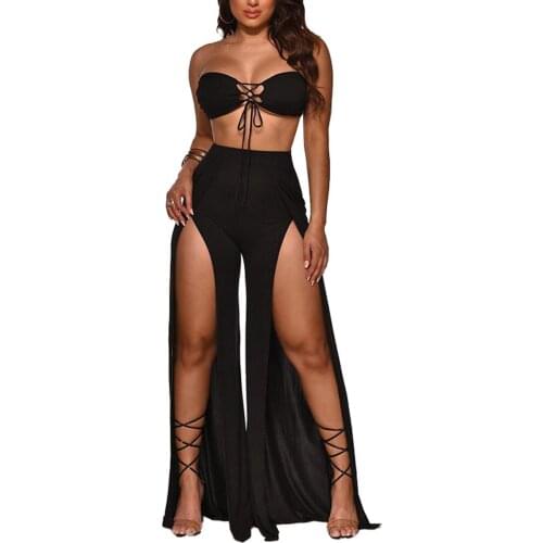 2021 Trendy Sexy 2 Piece Set Beach Casual Outfits Women Strapless Bandage Crop Top Tube Top+Split Wide Leg Pants Summer Suit