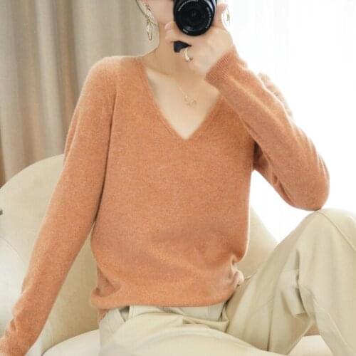 100%Wool Women V-Neck Sweater knitted Pullover 2021 Autumn Winter Warm Soft knitted Pullover Femme Jumper woman Cashmere Sweater